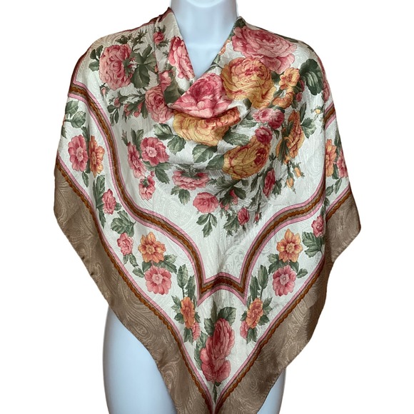 Casca Floral Square Scarf Cabbage Rose Silky Golden Shimmery Hand Rolled Hem 35" - Picture 13 of 14